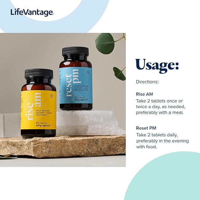 LifeVantage Rise AM & Reset PM System - Combination of Rise AM & Reset PM System, a Multivitamin for Men and Women Supplement Provides Vitamins, Minerals, and Adaptogens. - 60 Tablets per Bottle