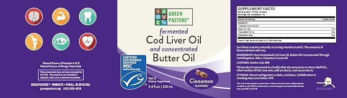 Green Pasture Butter Oil/Fermented Cod Liver Oil Blended Gel - 6.4 oz.- Vitamin A & D- EPA - DHA - Omega Fatty Acids (Cinnamon) (Cinnamon)