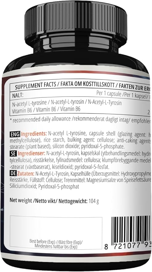 Apollo's Hegemony N-Acetyl-L-Tyrosine (NALT) 500mg and Active Vitamin B6 (P-5-P) 2mg - 120 Capsules - 4 Months Supply - High Strength Amino Acid Supplement - Cognitive Booster