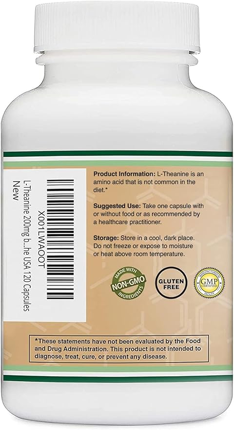 L-Theanine Supplement 200mg, 120 Capsules (Soy Free, Gluten Free, Non-GMO, Third Party Tested) Synergy with Magnesium L-Threonate and Apigenin by Double Wood