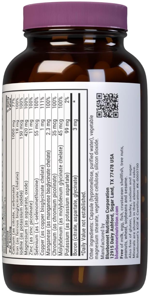 Bluebonnet Nutrition Multiminerals & Boron with Iron, Full Spectrum, Bone Health*, Non-GMO, Kosher Certified, Gluten-Free, Soy-Free, Dairy-Free, 180 Vegetable Capsules, 45 Servings
