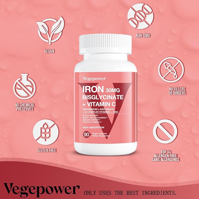 Iron Supplements for Women Men, Vegan Iron Bisglycinate 30mg Plus Vitamin C, B12, Folic Acid - Iron Pills for Anemia, Blood Builder & Energy Support - Gentle, High Absorption, Non-GMO - 90 Capsules