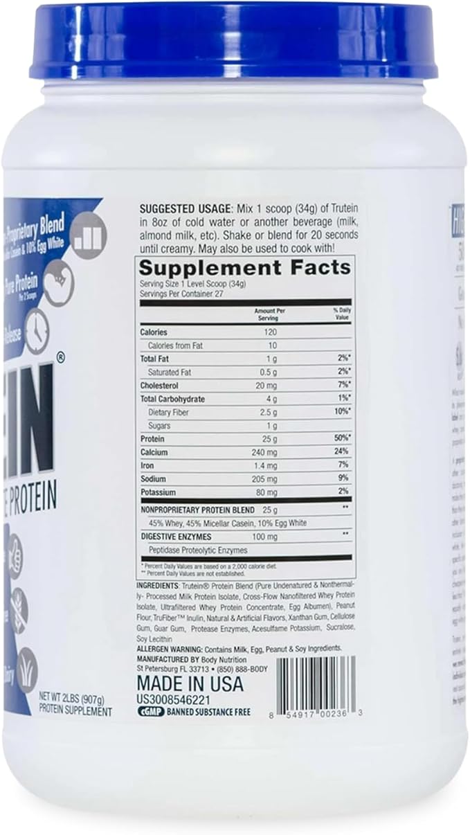 Body Nutrition Trutein High Protein Powder: 45% Whey, 45% Casein, 10% Egg White, Gluten-Free, Low Sodium, Grass Fed Whey Protein Powder, Gym Supplement & Breakfast Shake, Peanut Butter Marshmallow 2lb