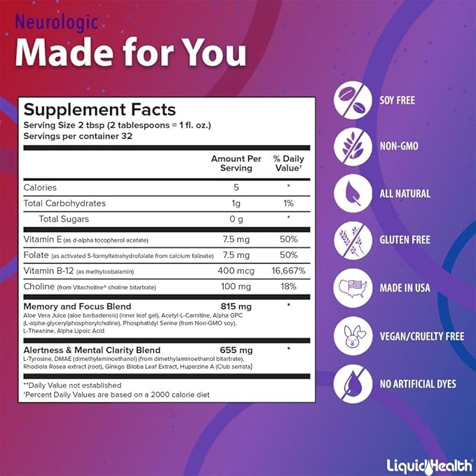 LIQUIDHEALTH 32 Oz Liquid Neurologic Focus Supplement, Nootropic for Cognitive Function, Brain Supplement for Memory & Focus, Brain Booster, Ginkgo Biloba, Choline, L-Theanine & Phosphatidylserine