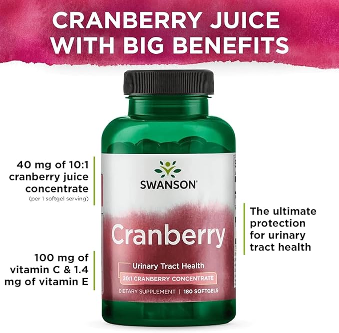 Swanson Cranberry - Supports Urinary Tract Health, Bladder Control, and Promotes Healthy Kidney Function - Cranberry Supplement Made with 20:1 Cranberry Juice Concentrate - (180 Softgels)