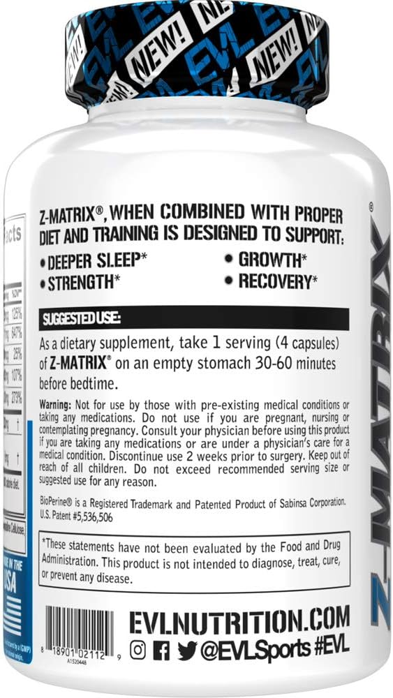 Magnesium and Zinc Post Workout Supplement - ZMatrix Zinc Magnesium Aspartate Muscle Recovery Supplement for Sleep Support and Muscle Health - EVL Post Workout Recovery Bodybuilding Supplement