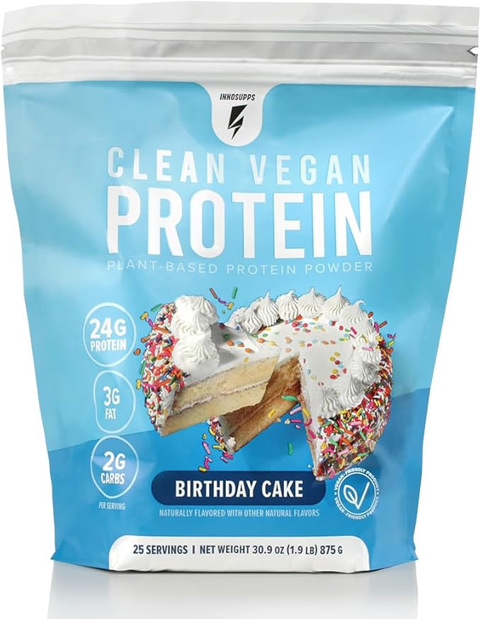 InnoSupps Clean Vegan Protein - Plant Based, Vegan, No Artificial Sweeteners, No Gluten, No Dairy. Lactose Free, Low Carbs, Low Fat, No Sugar Added, Soy Free, Non-GMO (Birthday Cake)