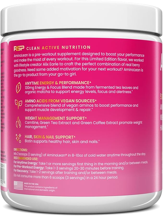 RSP NUTRITION AminoLean Pre Workout, Clean Energy with No Jitters, Tingles or Crash, Vegan Friendly with Added Biotin for Hair, Skin, Nails, Berry Elixir, 30 Servings