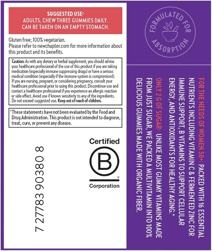 New Chapter Women’s 50+ Multivitamin Gummies – 66% Less Sugar, Women’s Healthy Aging Gummy Vitamins with Vitamin C, B Vitamins & Zinc, Non-GMO, Gluten Free, Berry Citrus Flavored, 90 ct