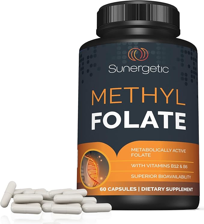 Sunergetic Premium Methyl Folate Supplement – with Methylated Vitamin B12 and Vitamin B6 – Metabolically Active Folate as Magnafolate - Methylfolate 400 mcg per Capsule – 60 Capsules