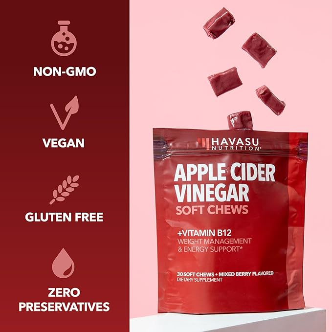 Apple Cider Vinegar Chews - Apple Cider Vinegar Supplements for Energy Management - Enhanced with Vitamin B12 and Folate - ACV Chews - 1 Month Supply Individually-Wrapped Chews