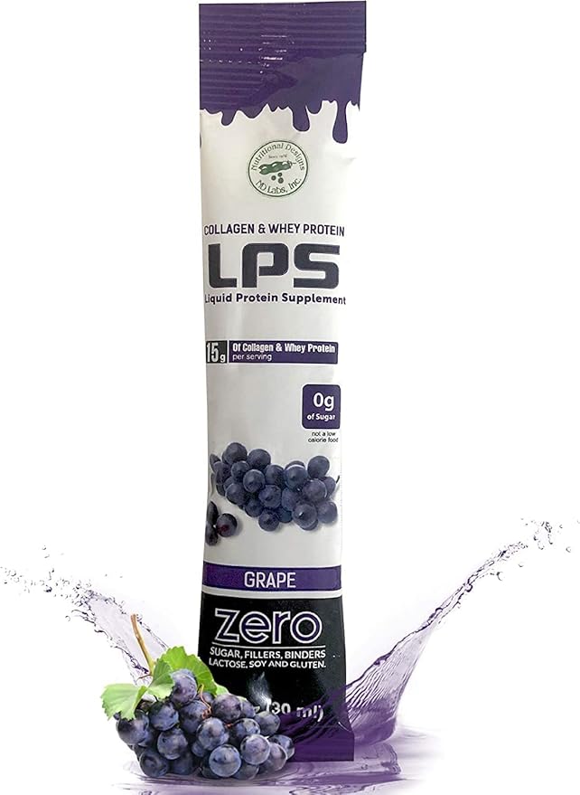Nutritional Designs LPS Liquid Collagen & Whey Protein Supplement - Non-GMO Drink, Sugar-Free - Promotes Healthy Skin & Hair for Men & Women, Grape, Single Serve (50 Packets)
