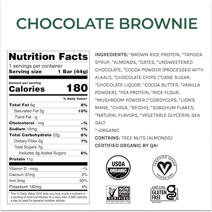 Organic Functional Mushroom Protein Bars | Full Dose (1500mg) Lions Mane, Chaga, Reishi & Cordyceps Bars | Vegan Protein Bars, Adaptogens, Superfoods Protein Bars | Chocolate Brownie Flavor