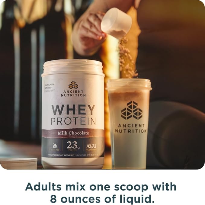 Ancient Nutrition Grass Fed Whey Protein, Milk Chocolate, 23g Protein, 20 Servings, Hydrolyzed Collagen Peptides, Organic Regenerative A2/A2 Milk Protein