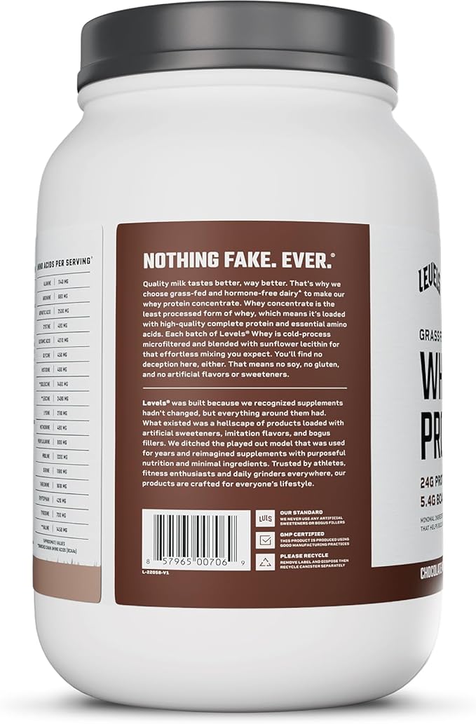 Levels Grass Fed Whey Protein Powder, No Artificials, 24G of Protein, Chocolate Mocha, 2LB