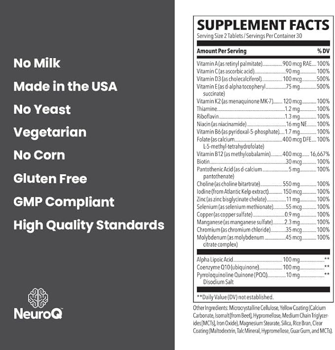 NeuroQ Daily Essentials Multivitamin - Fortified Mental Performance & Overall Wellness - Improve Memory & Focus - B-Complex, Vitamin D, Folate, CoQ10, Pantothenic Acid & More - 60 Capsules