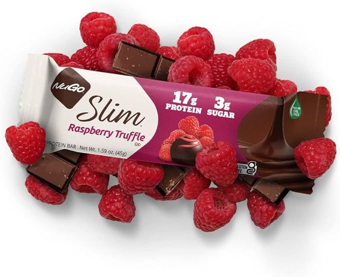 NuGo Slim Dark Chocolate Raspberry Truffle, 17g Protein Bar, Gluten Free, Non-GMO, Kosher, Keto Friendly, Low Carb, 12 Count