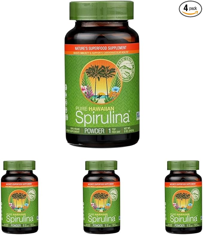 Pure Hawaiian Spirulina Powder Natural Premium Spirulina from Hawaii Vegan, Non-GMO, Immunity Support - Superfood Supplement & Natural Multivitamin, 5 Ounce (Pack of 4)