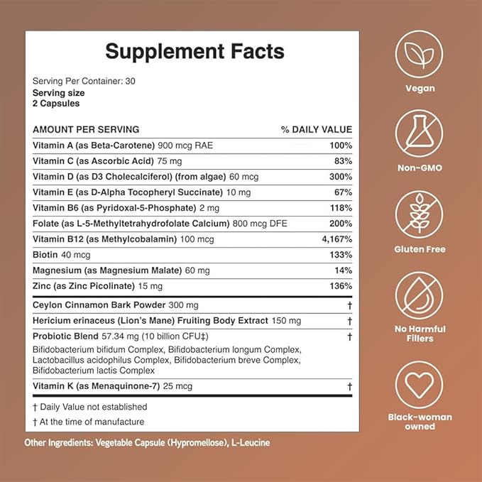 Mela Daily Essentials Multivitamin for Melanated Women - High-Dose Vitamin D3 and B12, Probiotics, Lion's Mane, Ceylon Cinnamon - Vegan, Gluten Free, Non-GMO, 30 Day Supply (60 Capsules)