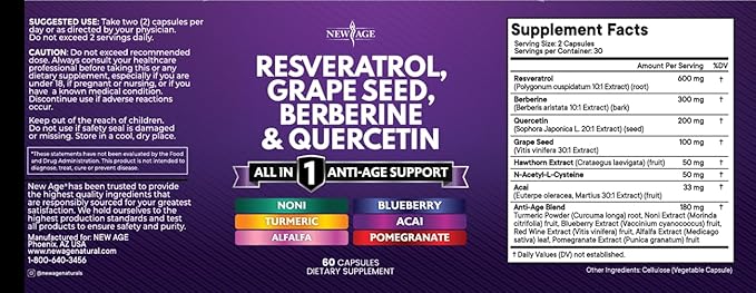 NEW AGE Resveratrol, Berberine, Grape Seed Extract, Quercetin, Polyphenol Supplement for Women and Men with Noni Extract, N-Acetyl Cysteine, Acai Extract - 120 Capsules