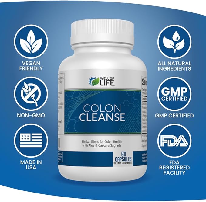 Well of Life: Colon Cleanse: Aloe Vera, Cascara Sagrada, Rhubarb Root, Bentonite. Helps in Digestion, Helps Relieves Constipation. 700mg | 60 Vegetarian Capsules. Vegan, Non-GMO. USA-Made.