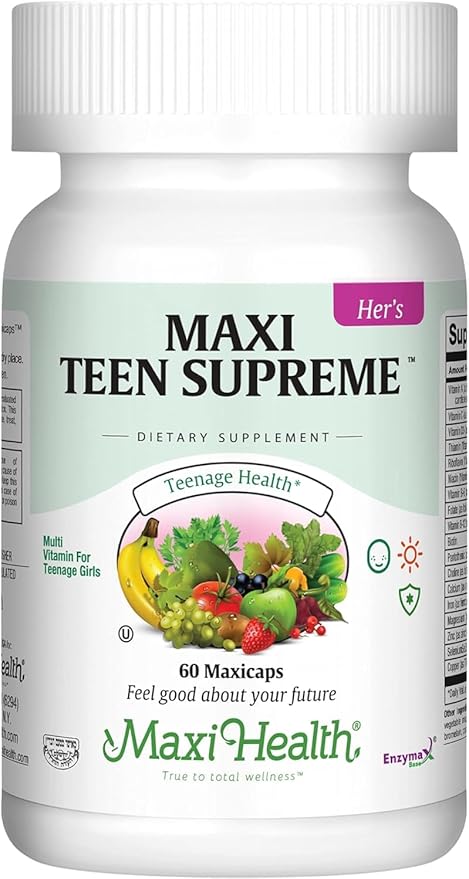 Maxi Health Teen Multivitamin for Girls 12-17 years, Natural Vitamins and Minerals Enhances Development and Immune Health, Best Kosher Supplement for Teenagers, 60 Count
