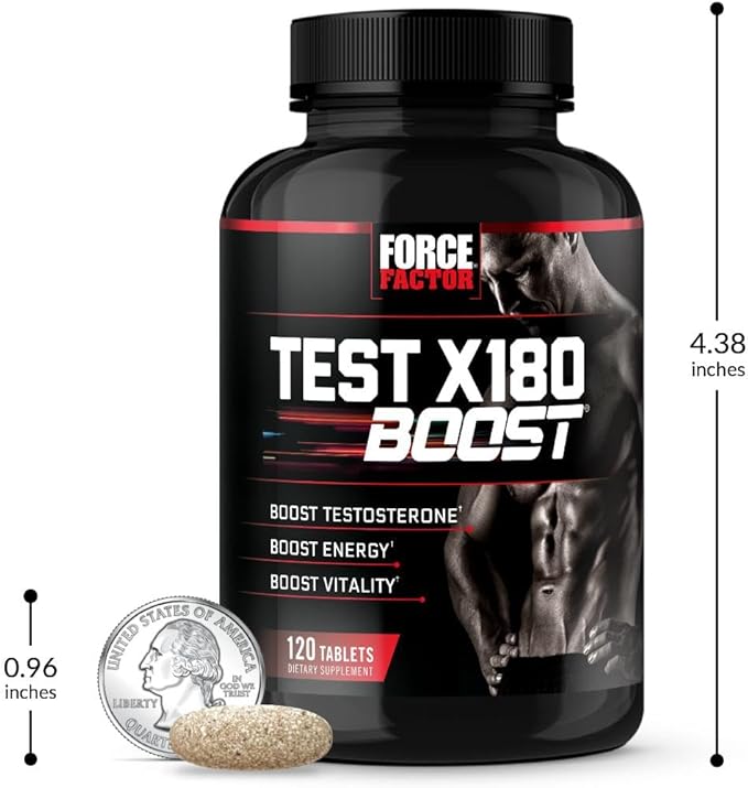 FORCE FACTOR Test X180 Boost Testosterone Booster and Energy Supplement for Men, Boost Energy, Increase Stamina, Enhance Vitality and Performance, with D-Aspartic Acid and Fenugreek, 120 Tablets