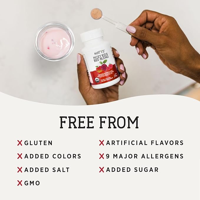 Matys Organic Picky Kids Red Blend, Fruit and Veggie Powder Supplement, Picky Eater Vitamins for Kids 4 Years +, Childrens Superfoods Powder for Meals with Berries, Beets, & Bananas, 1.6 Ounces