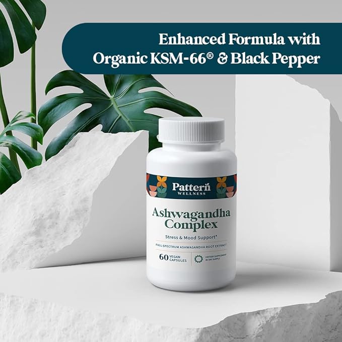 Pattern Wellness Ashwagandha Complex for Men & Women - KSM-66 & Black Pepper Extract - Whole Body & Heart Health - Supports Stress & Mood - Non-GMO - 180 Vegan Capsules