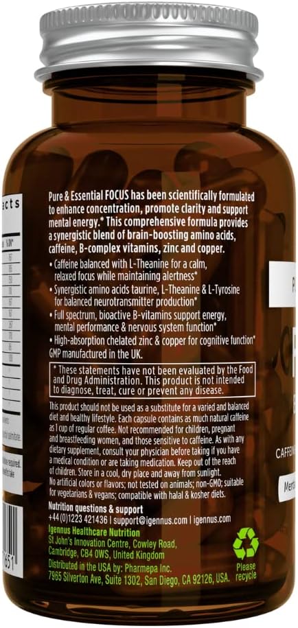 Focus - Methylated Nootropic with 200mg Natural Caffeine, Active B Vitamins, L-Theanine, Taurine, L-Tyrosine, Clean Energy, Brain Booster & Cognitive Performance, Non Jittery, 60 Capsules, by Igennus