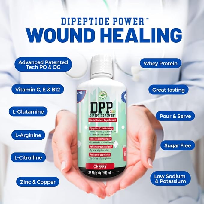 Nutritional Designs DPP Dipeptide, Wound-Healing Liquid Collagen & Whey Protein Supplement, Sugar-Free, Promotes Healthy Skin & Hair for Men & Women (Cherry, Bottle, 32 Fl Oz)