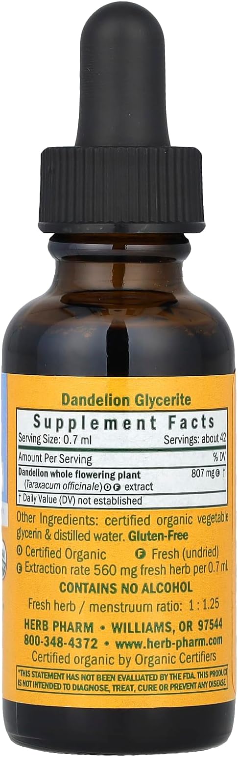 Herb Pharm Certified Organic Dandelion Liquid Extract for Cleansing and Detoxification, Alcohol-Free Glycerite, 1 Fl Oz