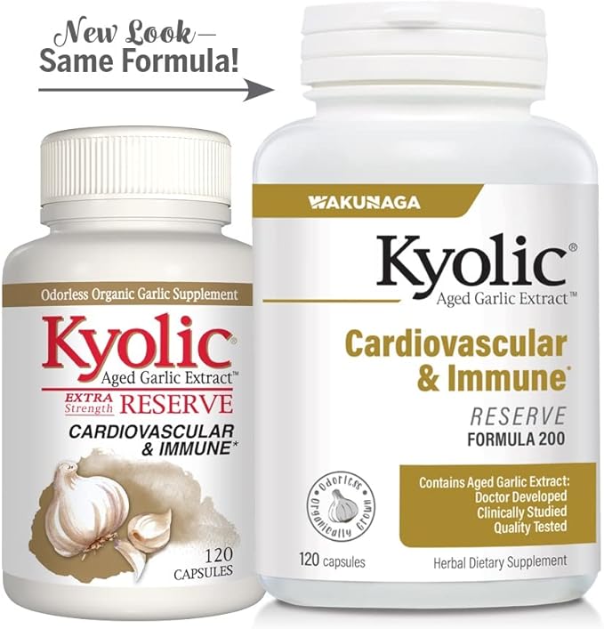Kyolic Aged Garlic Extract Formula 200, Cardiovascular & Immune, Reserve 120 Capsules (Packaging May Vary)