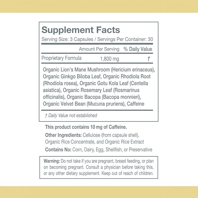 Nootropic Brain Supplement for Healthy Memory, Focus, Cognition | Balanced Fusion of Organic Lion’s Mane and 7 Power Plants | Neuro Protective Formula | Brain Boost | Adaptogens | Non-GMO. 90 caps.