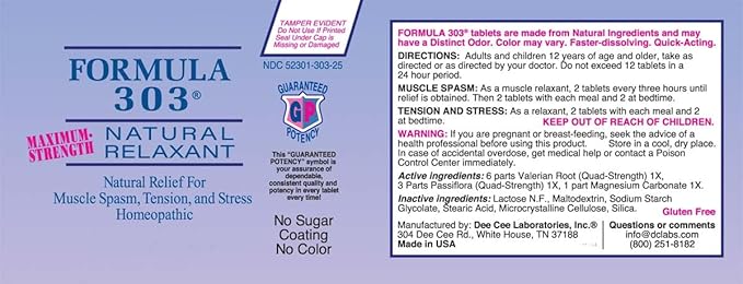 Dee CEE Labs Formula 303 Maximum Strength Tablets, 90 Tablets; All-Natural containing Magnesium for Sore Muscles, Passion Flower, and Valerian Root