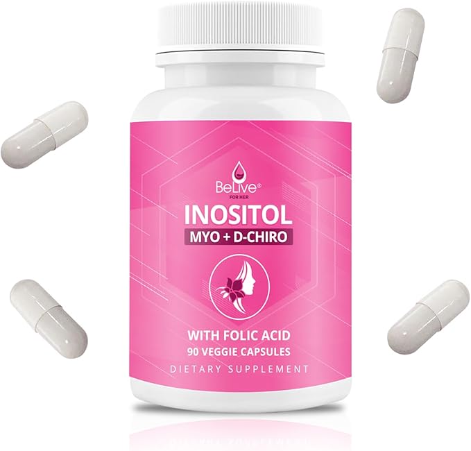 BeLive Myo-Inositol & D-Chiro Inositol Capsules - 90Ct I Inositol Supplement with Folic Acid Supplements for Woman, Optimal 40:1 Ratio (1)