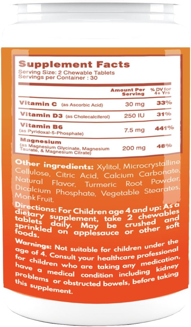 VAL Chewable Magnesium for Kids, Relaxation and Calm Formula, Glycinate, Citrate, Taurate, Vitamin B6, D, C, Natural Orange Flavor, Sugar Free, Gluten Free, Non-GMO, 60 Chewable Tablets