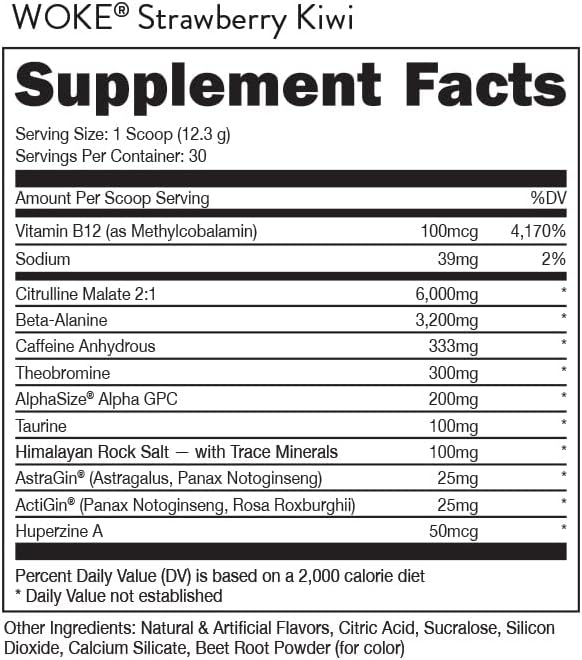 Bucked Up - Woke - HIGH STIM Pre Workout - Best Tasting - Focus Nootropic, Pump, Strength and Growth, 30 Servings (Strawberry Kiwi)