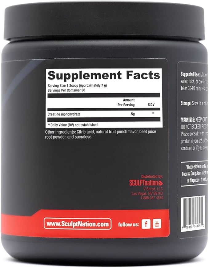 Sculpt Nation by V Shred Creatine - Premium Creatine Monohydrate Powder to Support Muscles, Energy, and Brain Function, Fruit Punch Flavored Creatine - 30 Servings