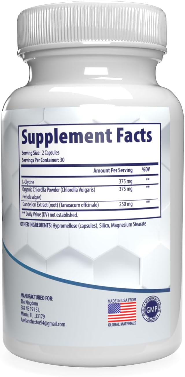 Chlorella, Lglycine, Dandelion Root. Enchances Immunity, Gut Health. Aids in reducing inflamation. Alkaline Body Detox from Heavy Metals, aids Liver/Kidney Health. No additives. 60 Cap