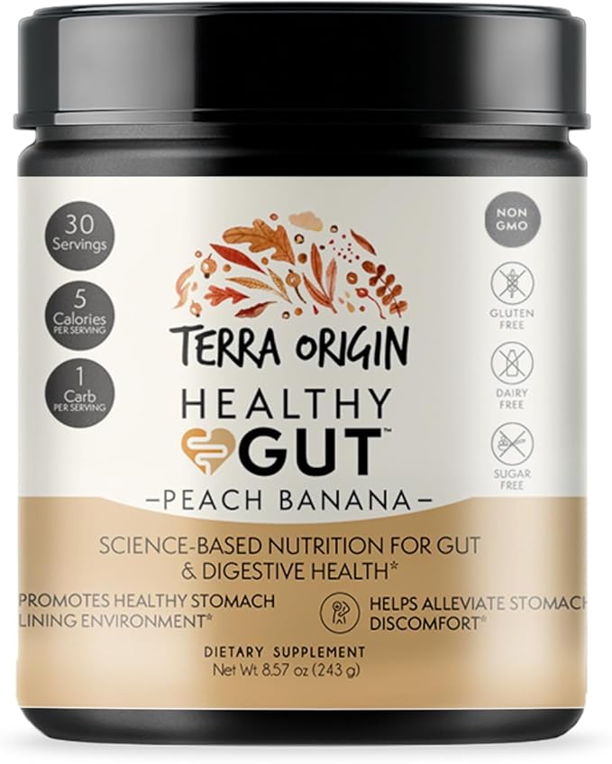 TERRA ORIGIN Healthy Gut Peach Banana | 30-Servings with L-Glutamine, Zinc, Glucosamine, Slippery Elm Bark, Marshmallow Root and More!
