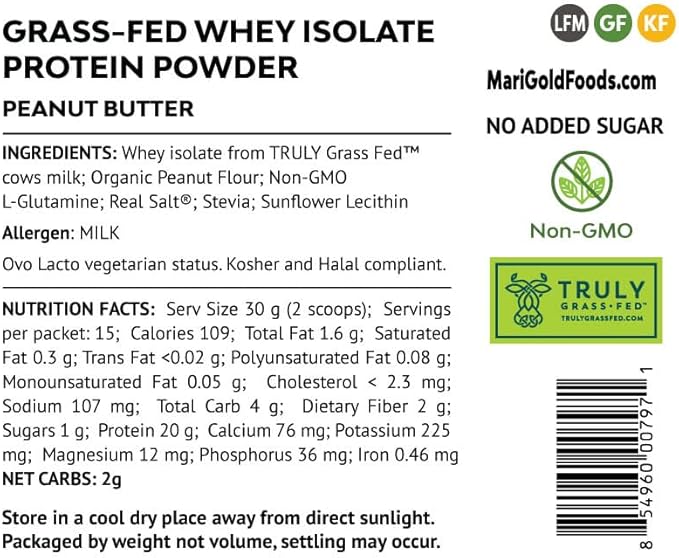 MariGold Grass-fed Whey Protein Isolate Powder - Peanut Butter Flavor - 1 Lb Bag | 100% Pure, Cold-Processed, Micro-Filtered, Undenatured, Non-GMO, rBGH Free, Soy Free, Gluten Free, Lactose Free