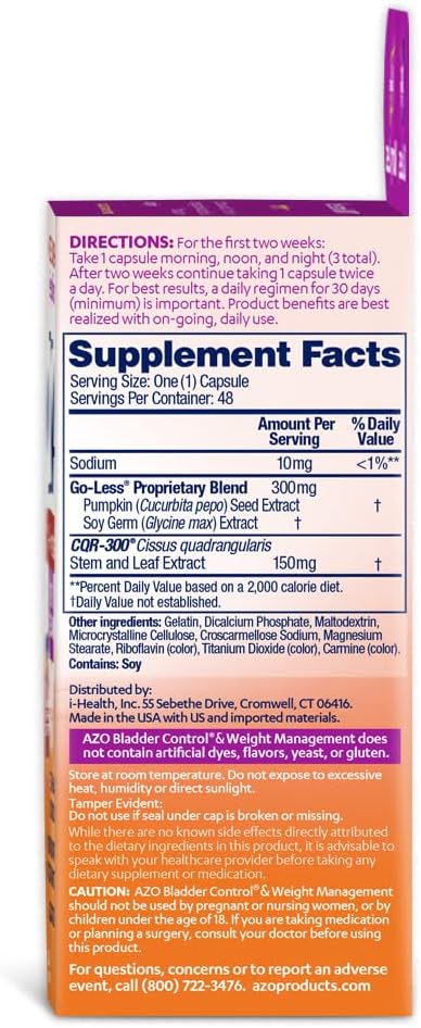 AZO Bladder Control with Go-Less® & Weight Management Dietary Supplement | Helps Reduce Occasional Urgency* | Promotes Healthy Metabolism* | Supports a Good Night’s Sleep* | 48 Capsules (Pack of 2)