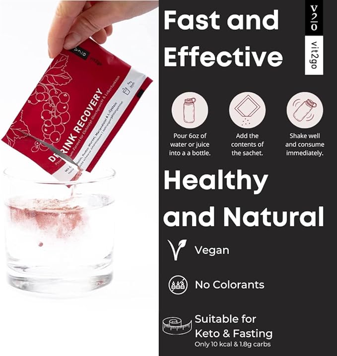 Drink Recovery Electrolytes Powder with Vitamins, Vegan Electrolyte Packets for Hydration & Liver Detox, Blackcurrant Flavor (10 Sachets)