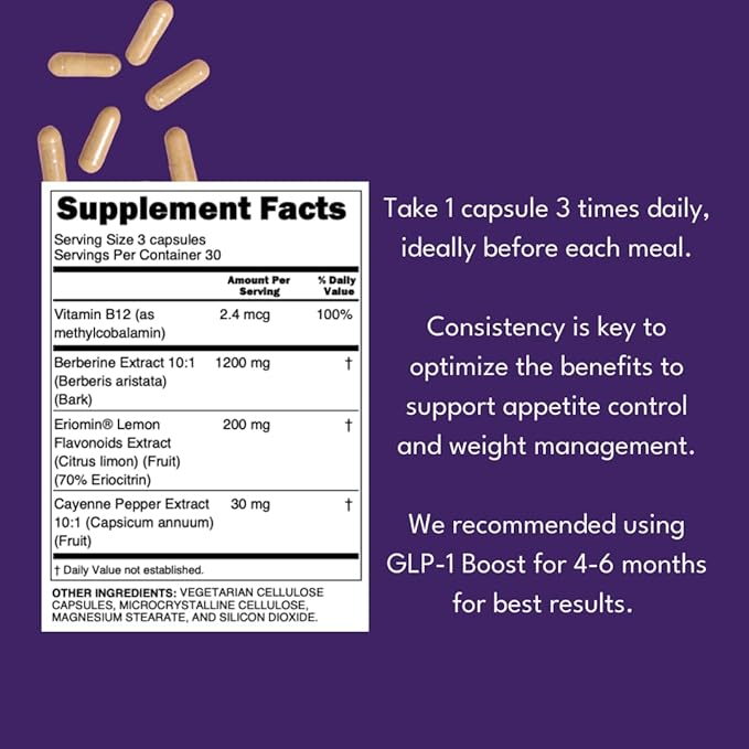 GLP-1 Boost Supplement – Hunger & Metabolism Support, Expert Formulated with Plant-Based Eriomin & Berberine Extract to Naturally Enhance GLP-1 Levels – Take 1 Capsule Before Each Meal (90 Capsules)