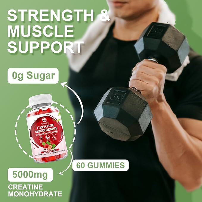 Creatine Monohydrate Gummies for Men & Women, Chewables Creatine Monohydrate for Muscle Strength, Muscle Builder, Energy Boost, Sugar Free, Vegan, Strawberry Flavor-120 Count