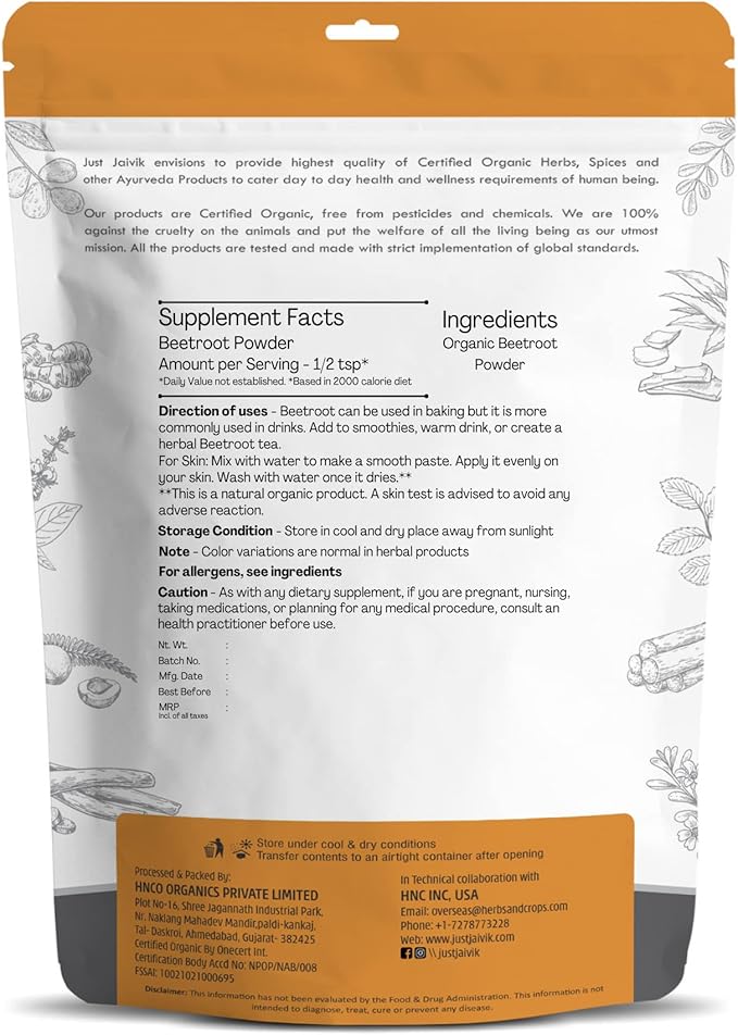 Just Jaivik Organic Beetroot Powder 227 gm / 0.5 lb | Natural Nitric Oxide Booster | Superfood for Healthy Heart | Supports Blood Circulation & Stamina |Gluten Free & Vegan