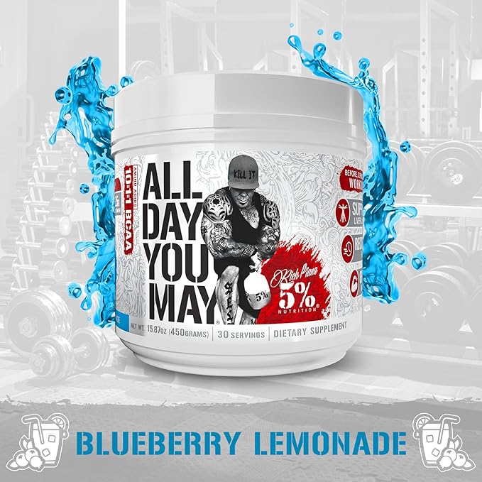 5% Nutrition Rich Piana AllDayYouMay BCAA Powder | Premium Intra & Post Workout Amino Acids, Hydration, Endurance, Muscle Recovery, Joint & Liver Support | 15.9 oz, 30 Servings (Blueberry Lemonade)