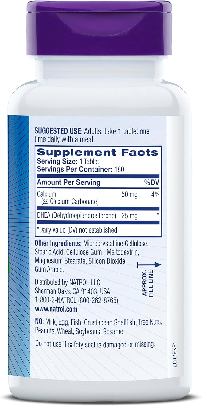 Natrol Mood & Stress DHEA 25mg With Calcium, Dietary Supplement for Balance of Certain Hormone Level and Mood Support, 180 Tablets, 180 Day Supply