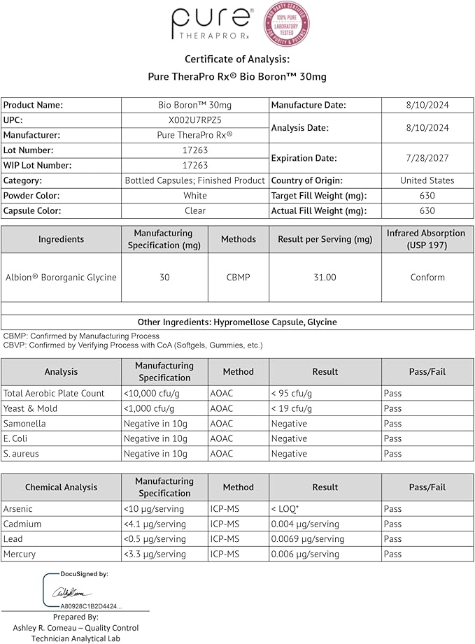 Pure TheraPro Rx Bio Boron, 30mg/Capsule, 90 Capsules, Bororganic Glycine Boron Supplements for Men & Women, Vegan Mineral Supplements for Bones, Cardiovascular Function & Immunity Support